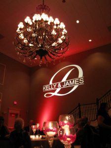 A custom gobo, like this monogram, personalizes your lighting display. 