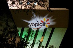 Yoplait projected a custom gobo on the outside of a building to promote their product. 