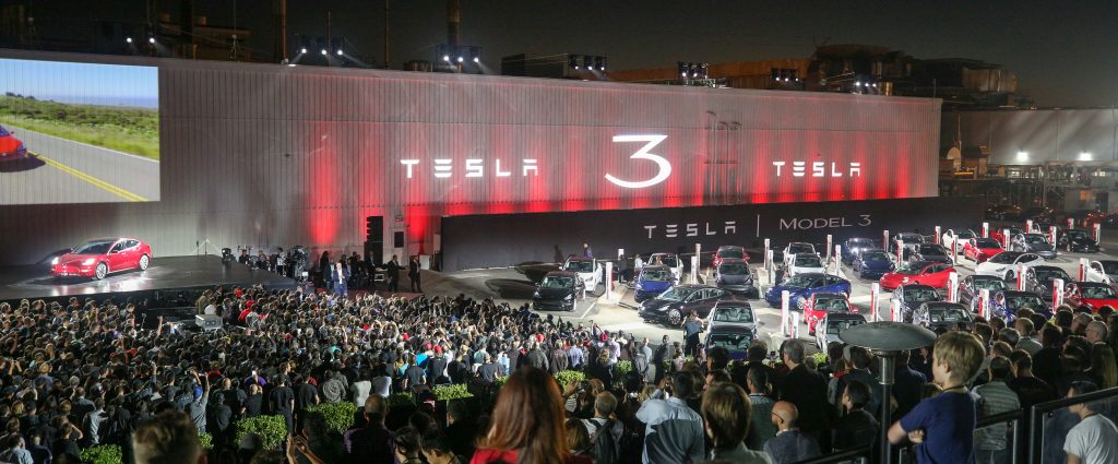Tesla used a custom gobo at their Model 3 unveiling to promote their newly released car.