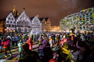 Full color glass gobos light up a public square in Europe