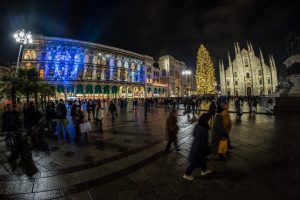 Gobo projections light up a city square in Italy as a beautiful example of holiday light displays for public spaces.