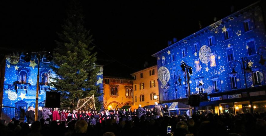 Holiday gobos used for exterior architectural lighting transforms an entire plaza into a Winter Wonderland.