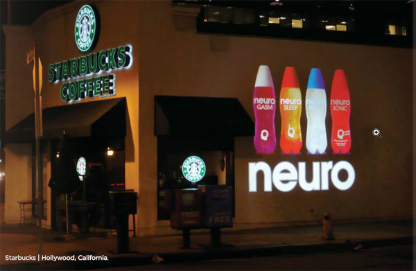 Neuro drink advertisement projected across building using a full-color glass gobo. 